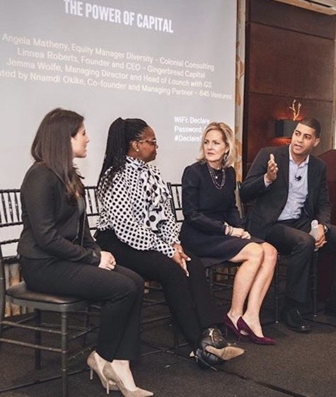 Linnea joined a panel on the power of capital & diversity at the Declare Summit in NYC, 11/5/2019 with (left to right): Jemma Wolfe, Launch with GS; Angela Matheny, Colonial Consulting; & Nnamdi Okike, 645 Ventures